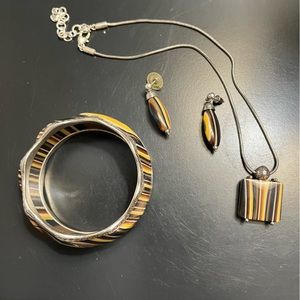 Brighton Tiger Eye Set Silver Necklace Pendant Bracelet Earrings Adjustable